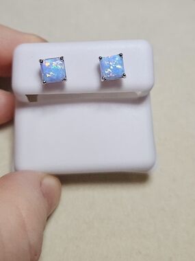 Sterling Silver Light Blue Natural Opal Square Stud Earrings